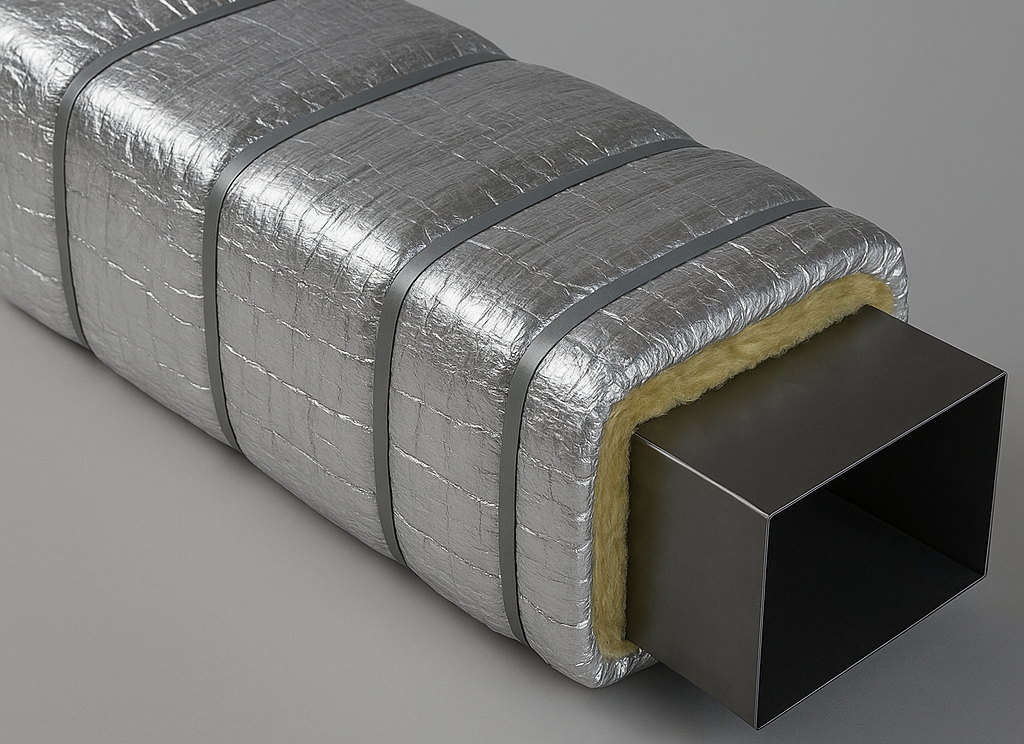 Rectangular HVAC duct wrapped in foil-faced rockwool insulation secured with metal bands.