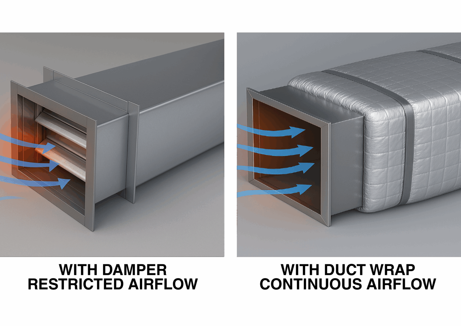 Comparison showing restricted airflow through a fire damper versus a fire-rated wrap solution