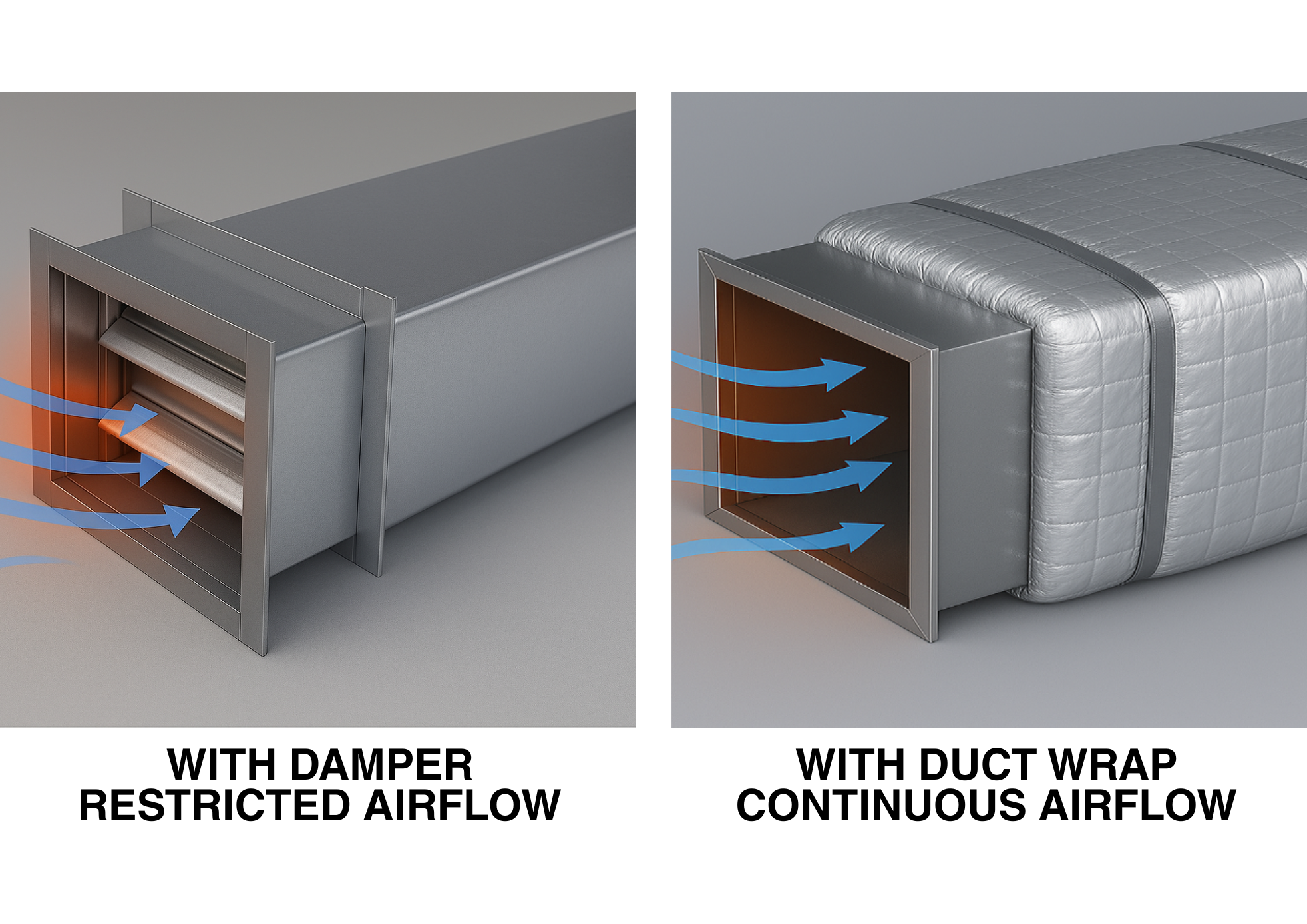 Side-by-side comparison of damper-restricted duct and foil-wrapped insulated duct, demonstrating continuous airflow and passive fire protection benefits.