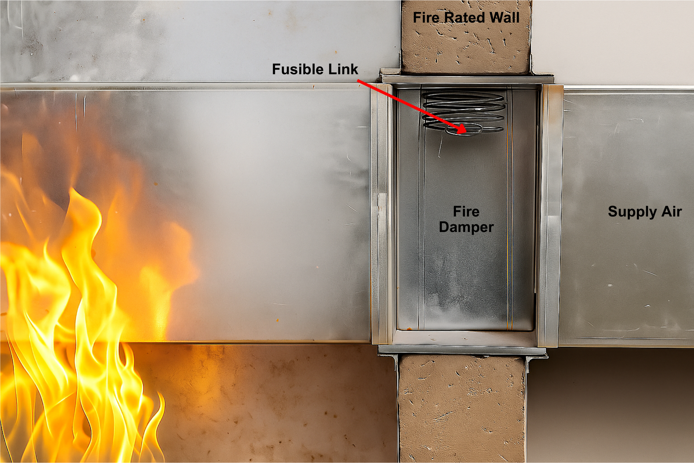 Fire damper installed in a duct within a fire-rated wall, blocking flames and protecting supply air pathways.