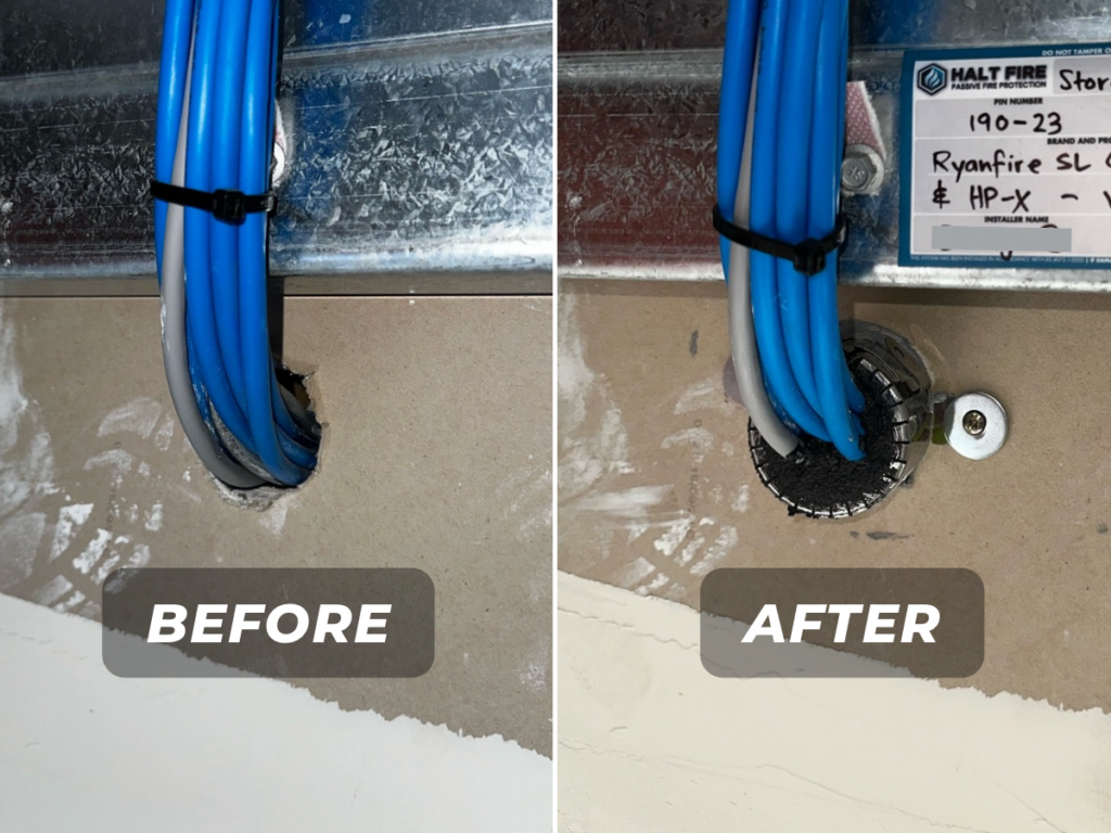 Unsealed cable penetration through fire rated wall before and after passive fire stopping installation Auckland