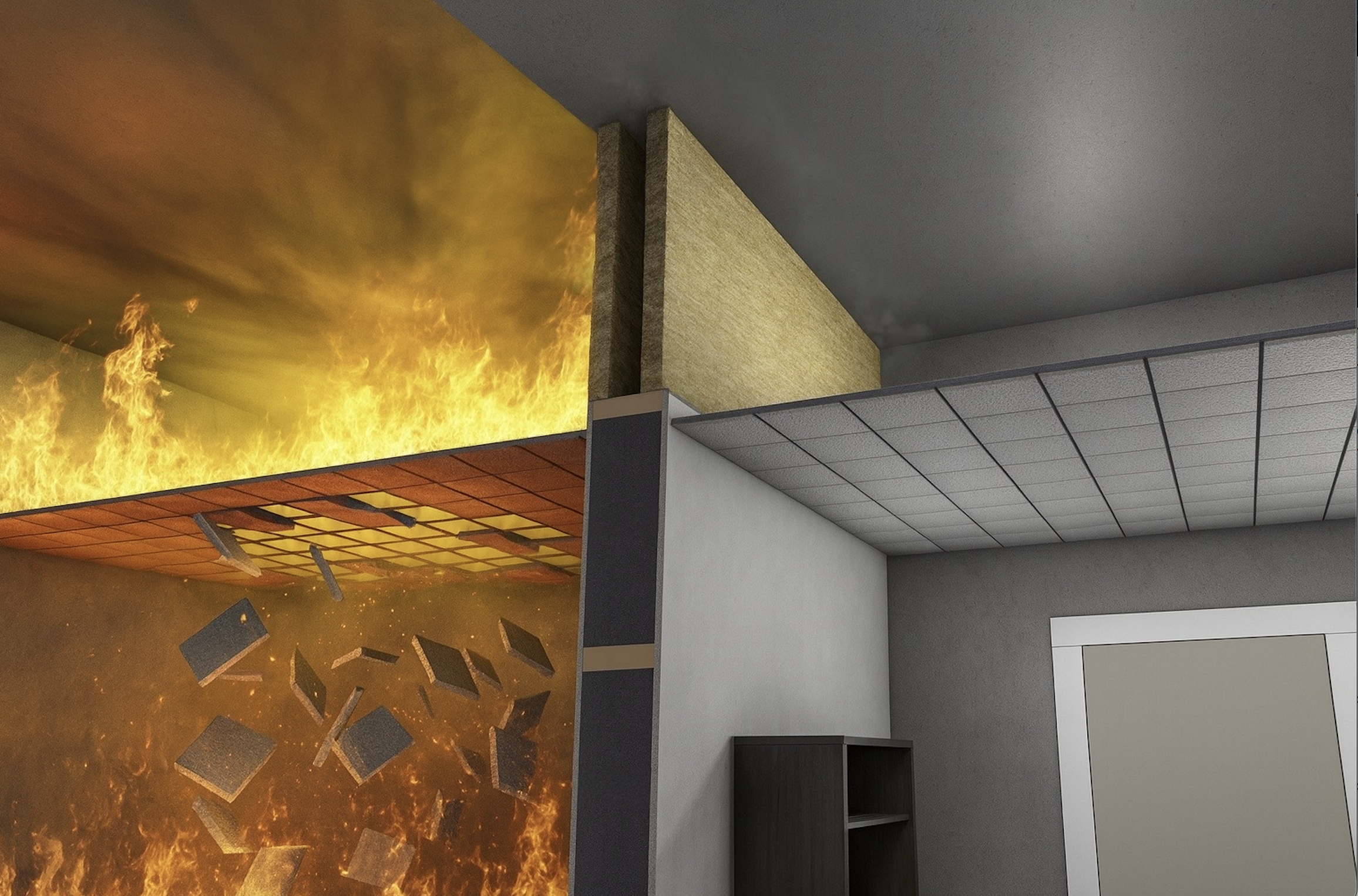 Illustration showing fire and smoke contained behind a fire-rated barrier, demonstrating fire stopping for openings, voids, ceiling spaces and fire compartmentation gaps.