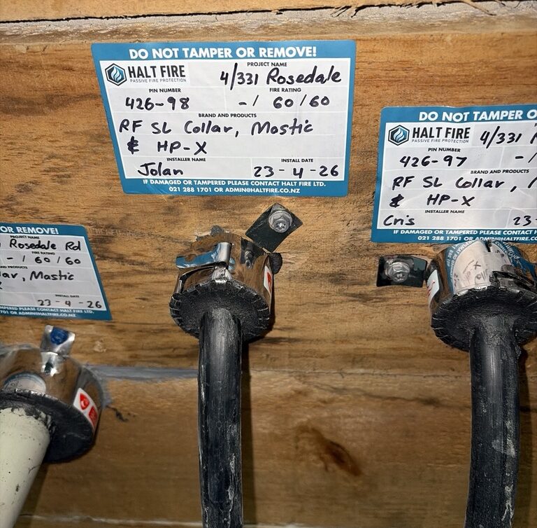 Compliant fire collar installation with Halt Fire tag