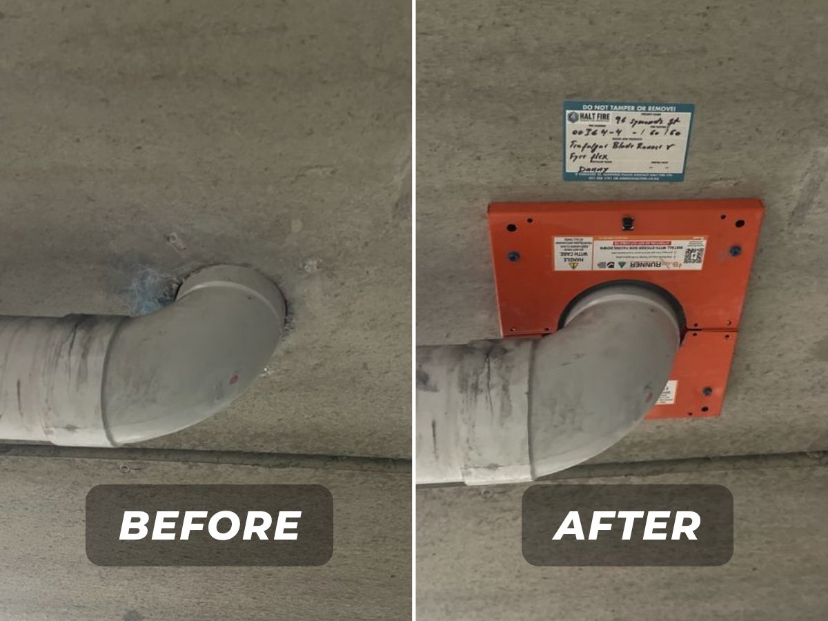Before and after passive fire stopping: Trafalgar BladeRunner fire collar fitted around a PVC pipe socket elbow