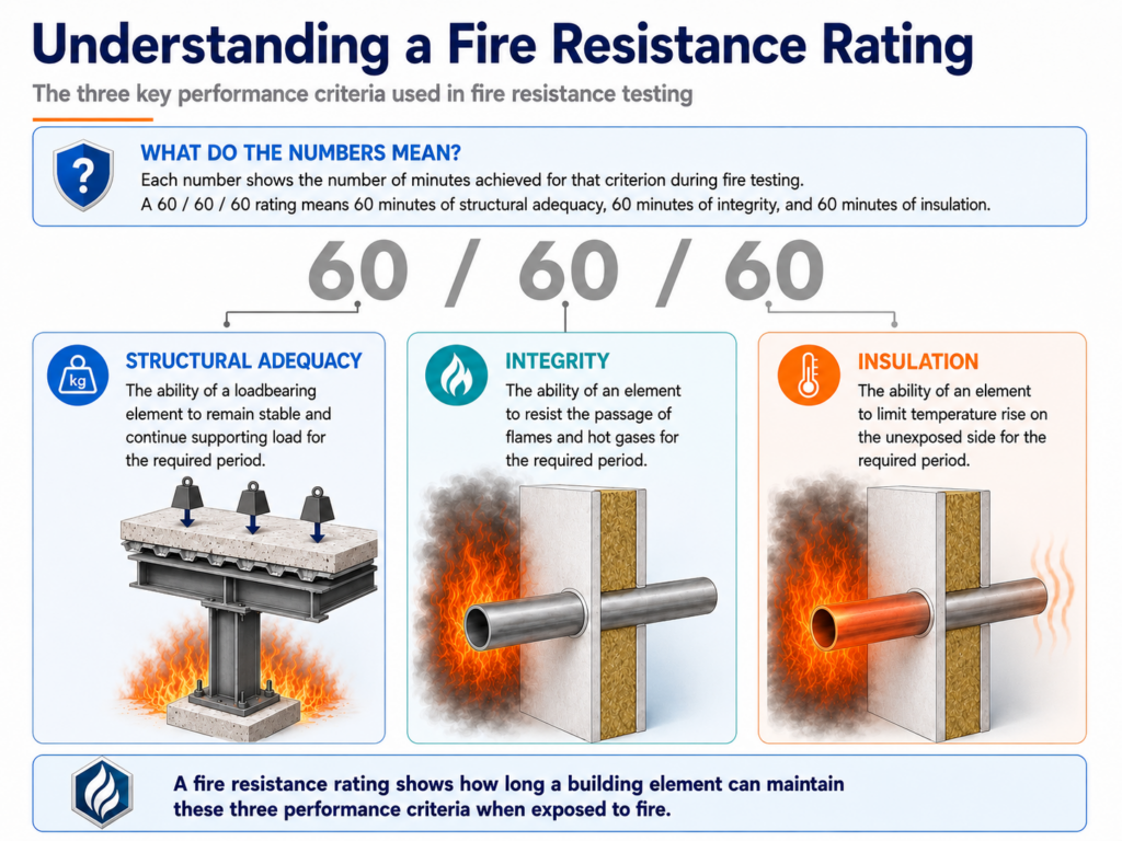 Infographic explaining a fire resistance rating: structural adequacy, integrity and insulation, each measured in minutes during fire testing.