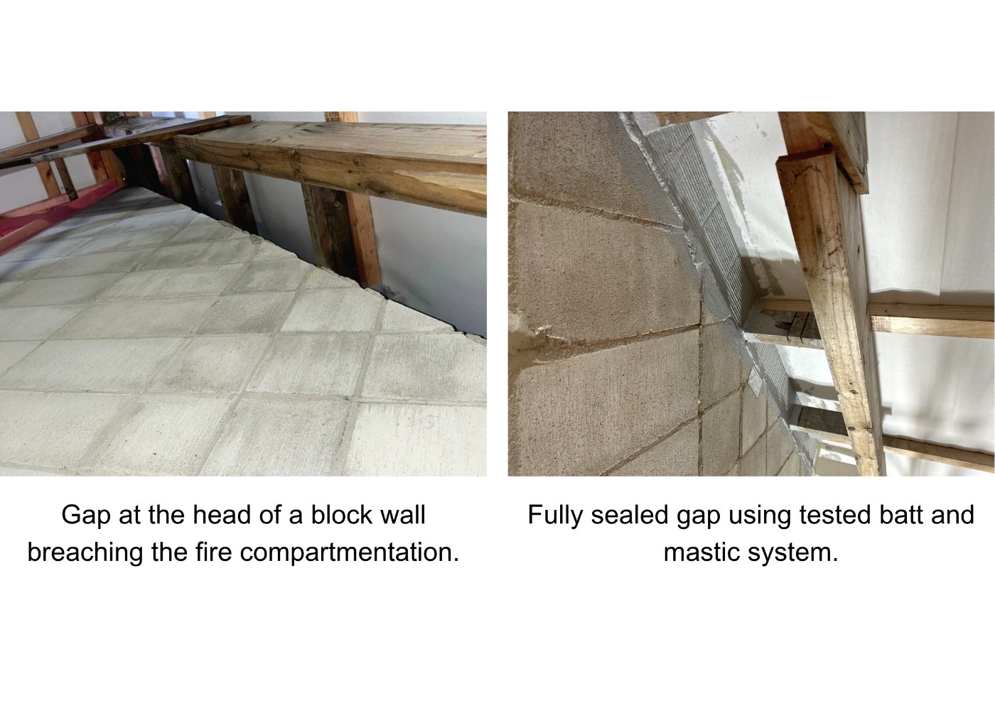 Before and after of a head-of-wall gap sealed with a fire-stopping batt and mastic system in Auckland