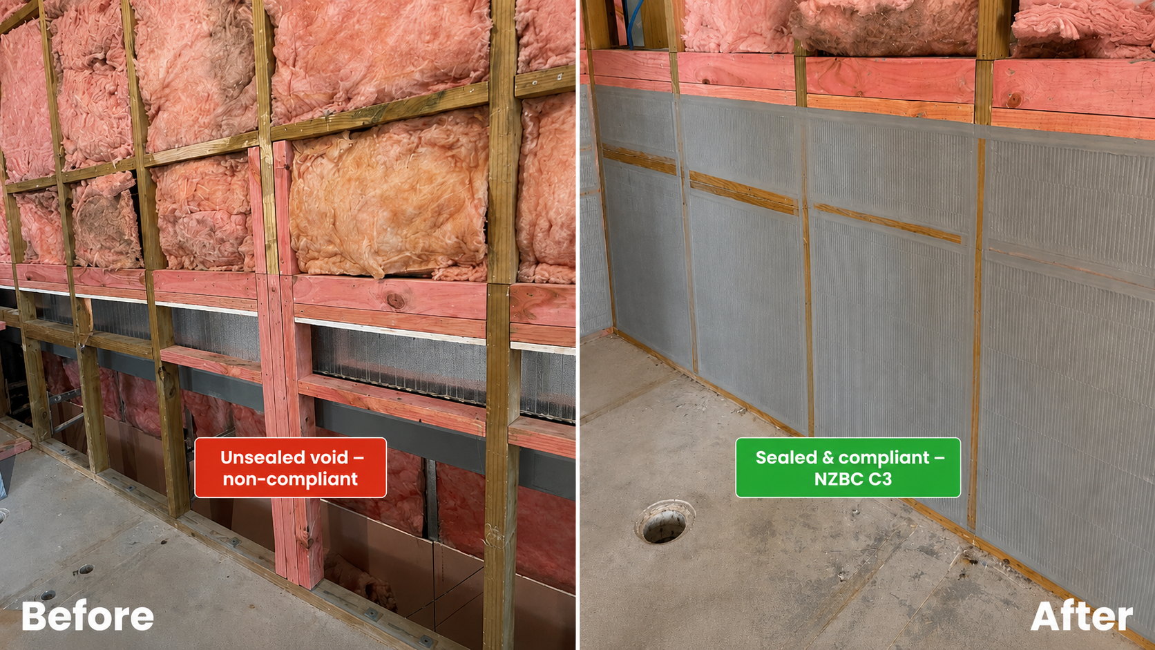 Before and after — unsealed wall void versus completed passive fire stopping installation with ryanfire 802 batt board and mastic, Auckland