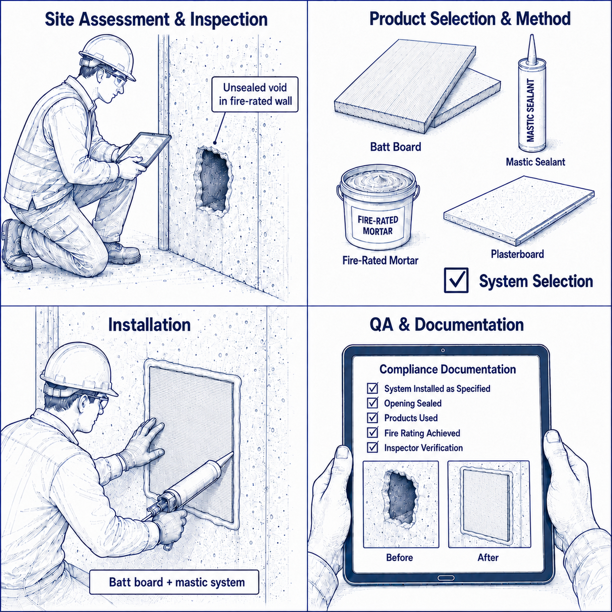 Four-step passive fire stopping process for openings and voids — site assessment, system selection, installation, and QA documentation
