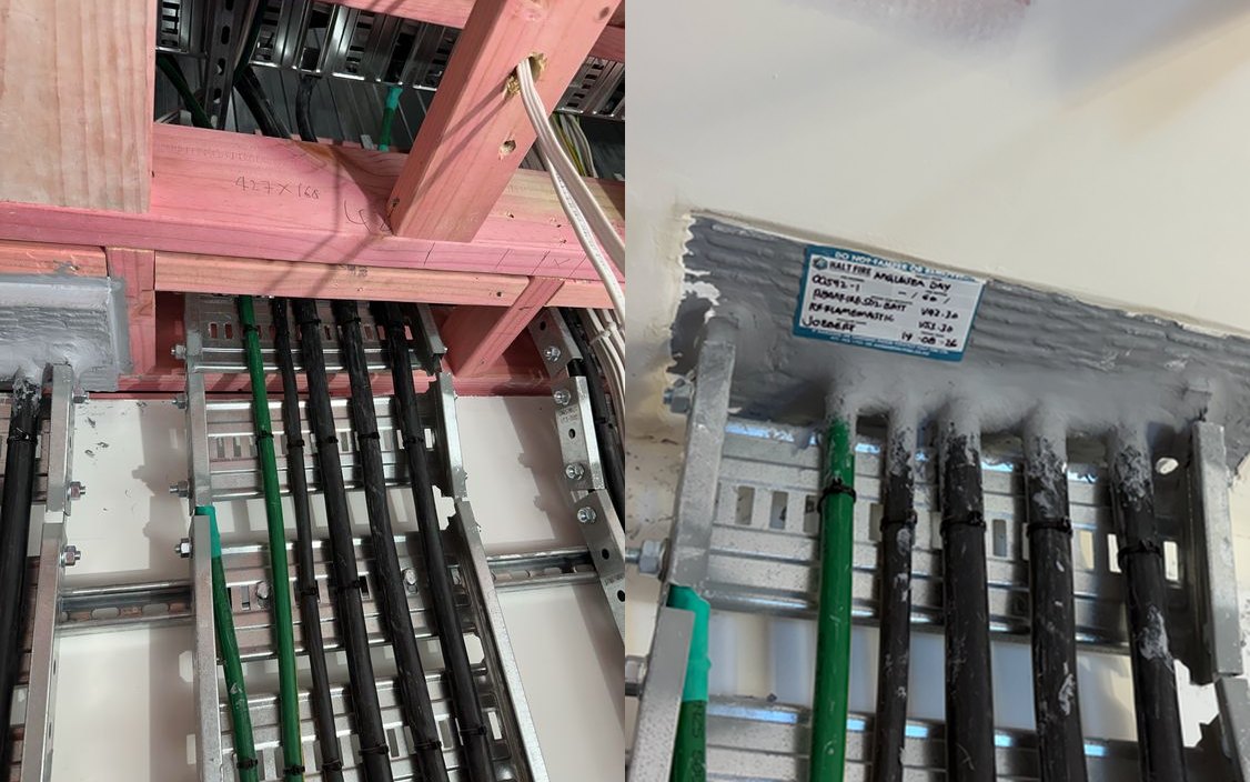 Cable tray through a fire-rated ceiling at Anglesea Day Procedure, Hamilton, before and after fire stopping with a two-layer fire batt and mastic