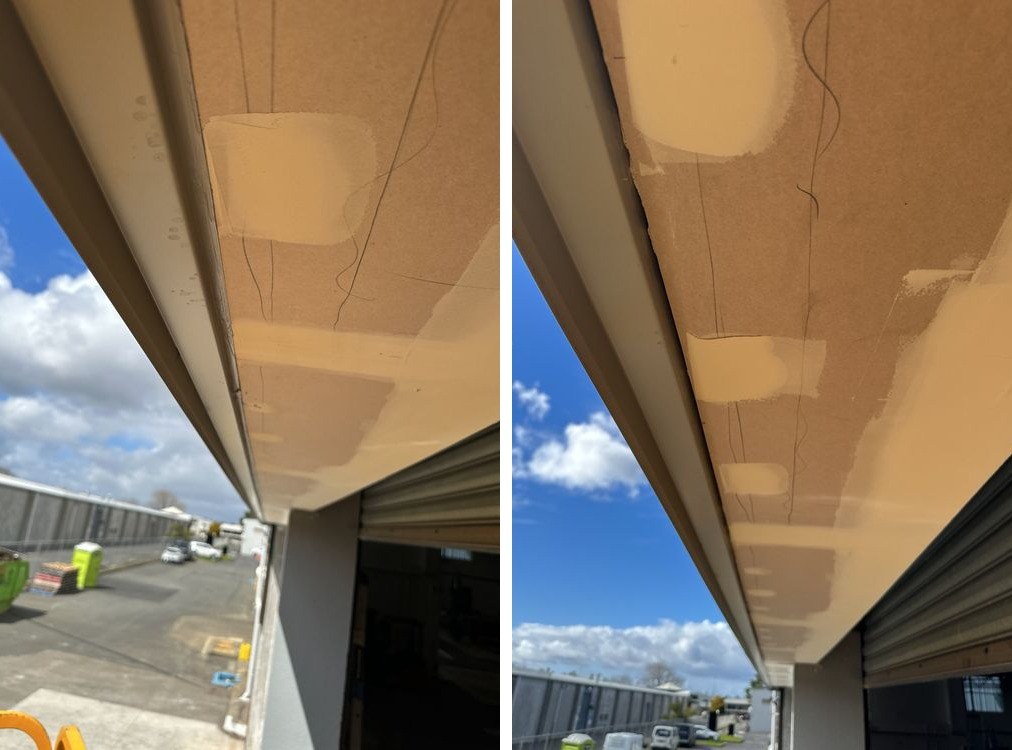 Soffit joint between plasterboard ceiling and steel facade, before and after fire sealing
