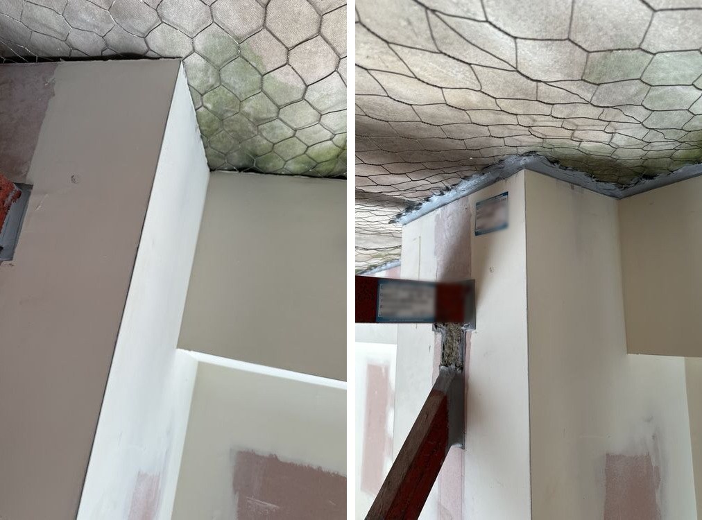 Unsealed head-of-wall gap to the roof before and after sealing with a fire-rated joint sealant