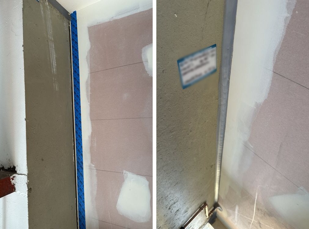 Vertical construction joint between plasterboard and concrete, before and after fire sealing