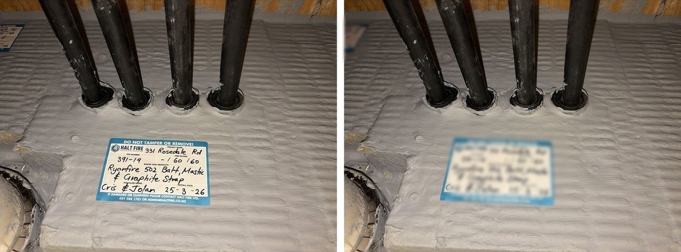 PEX pipes through a fire-rated plasterboard wall at 331 Rosedale Road, before and after fire collars were fitted