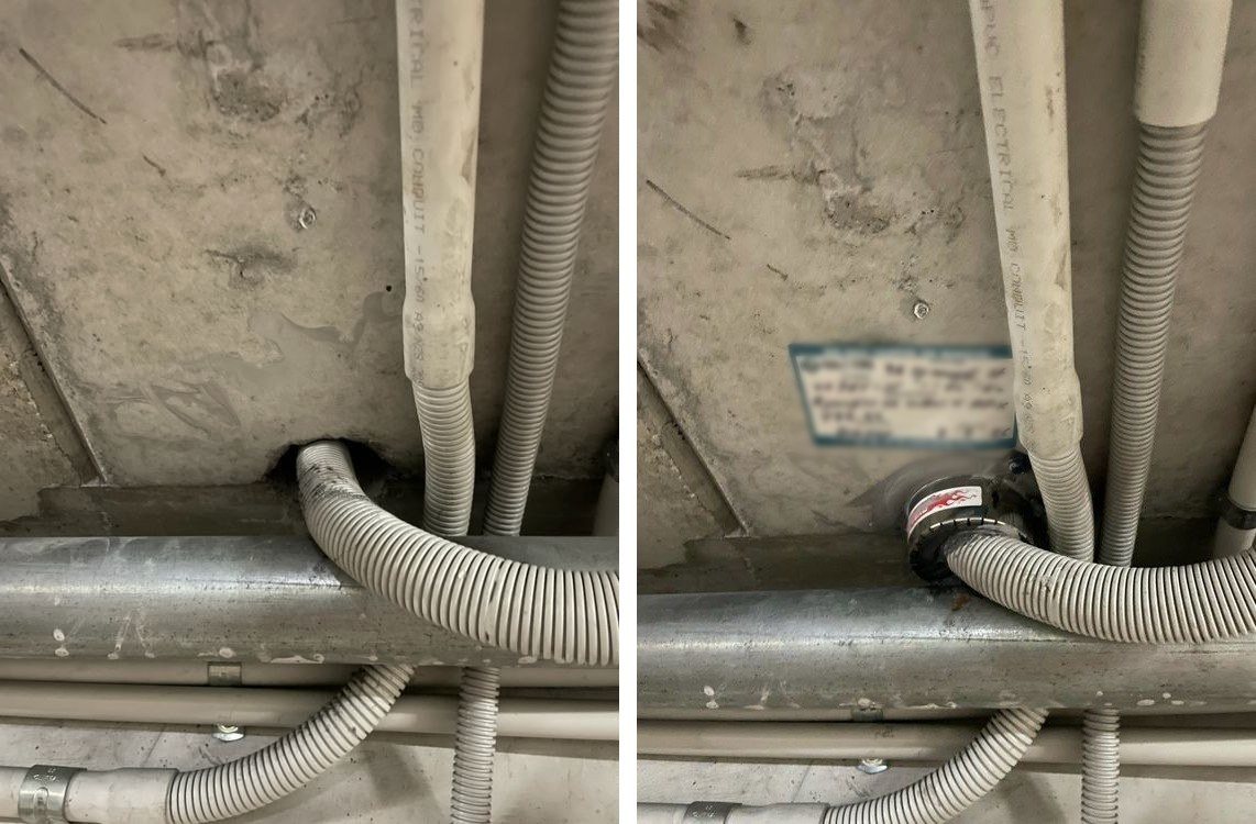 PVC conduit through a concrete floor in a Symonds Street apartment building, before and after fire stopping