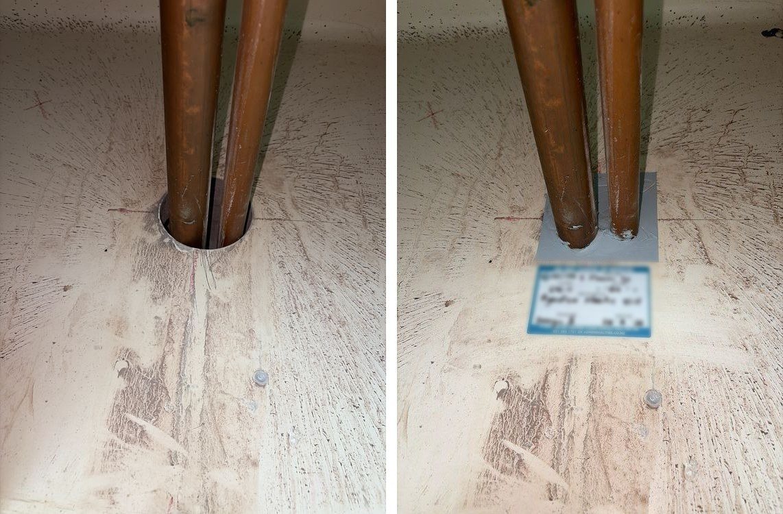 Copper pipes through a concrete floor in Eden Terrace, before and after fire-rated mastic sealing