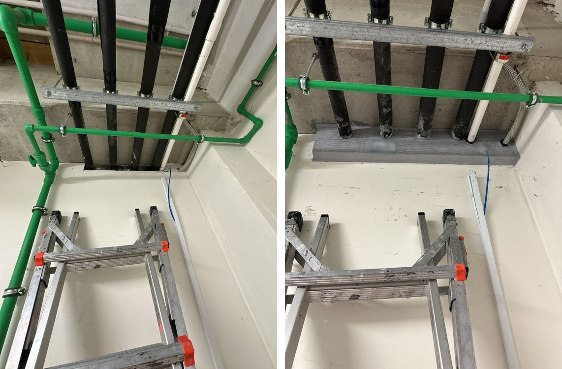 Mixed services through a fire-rated plasterboard wall in New Lynn, before and after fire stopping with a batt, mastic and graphite strap system