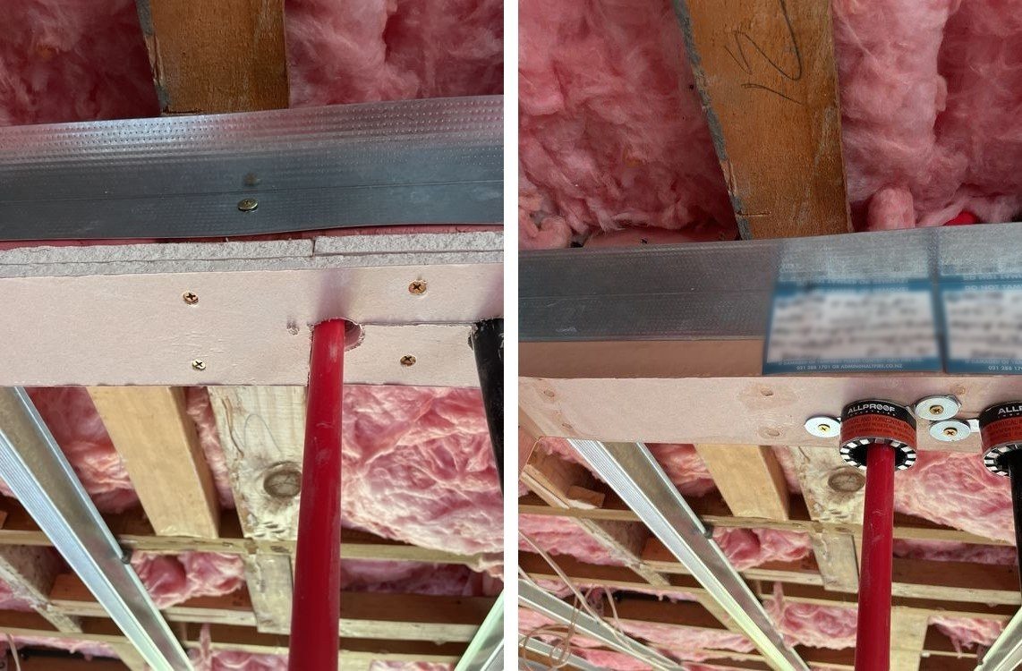 PEX pipe through a timber top plate in a new build in Northcote, before and after fire stopping