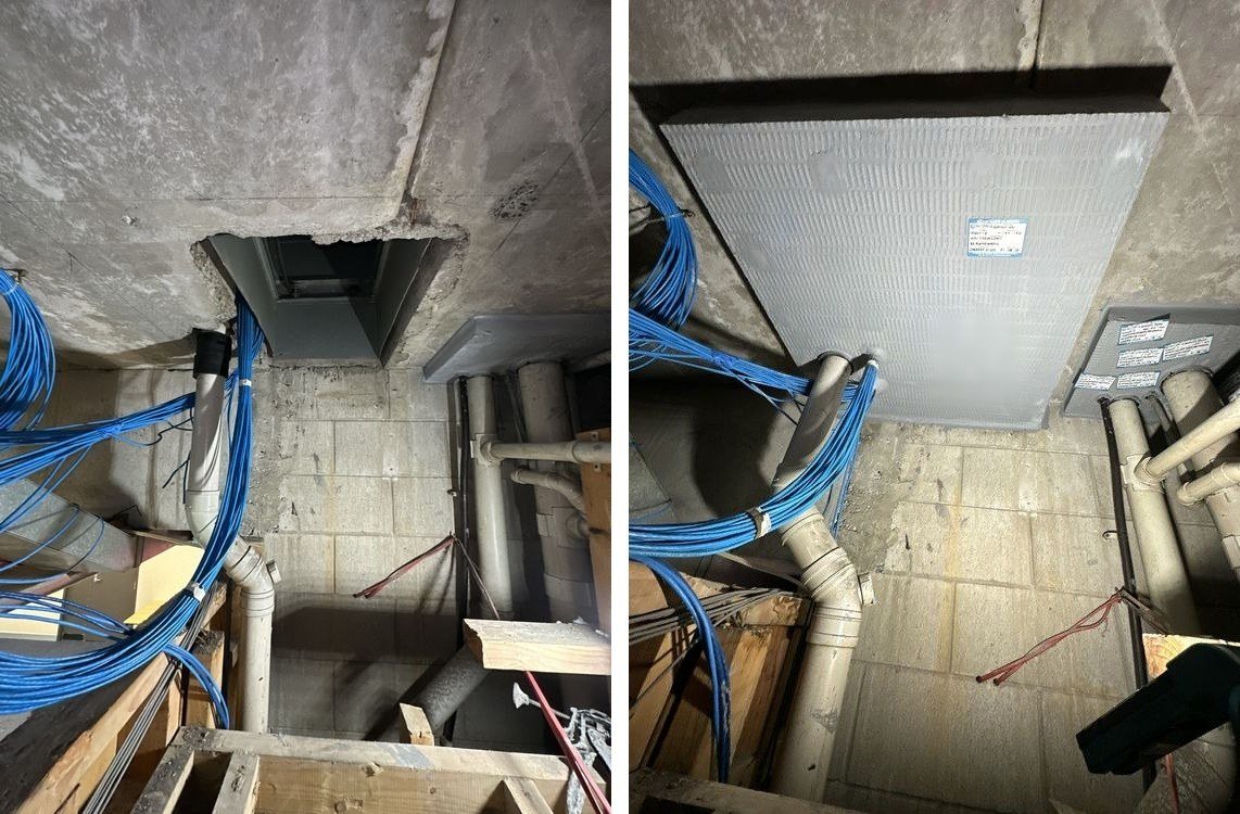 Large opening in a fire-rated wall in Otahuhu, before and after being closed with a fire-rated batt system