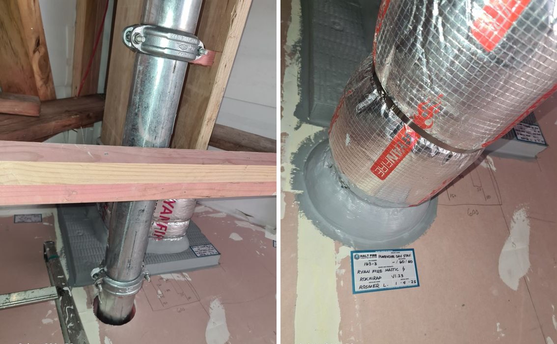 Steel pipe through a fire-rated plasterboard wall at the Franklin Day Surgery, Pukekohe, before and after fire stopping with an intumescent wrap and mastic