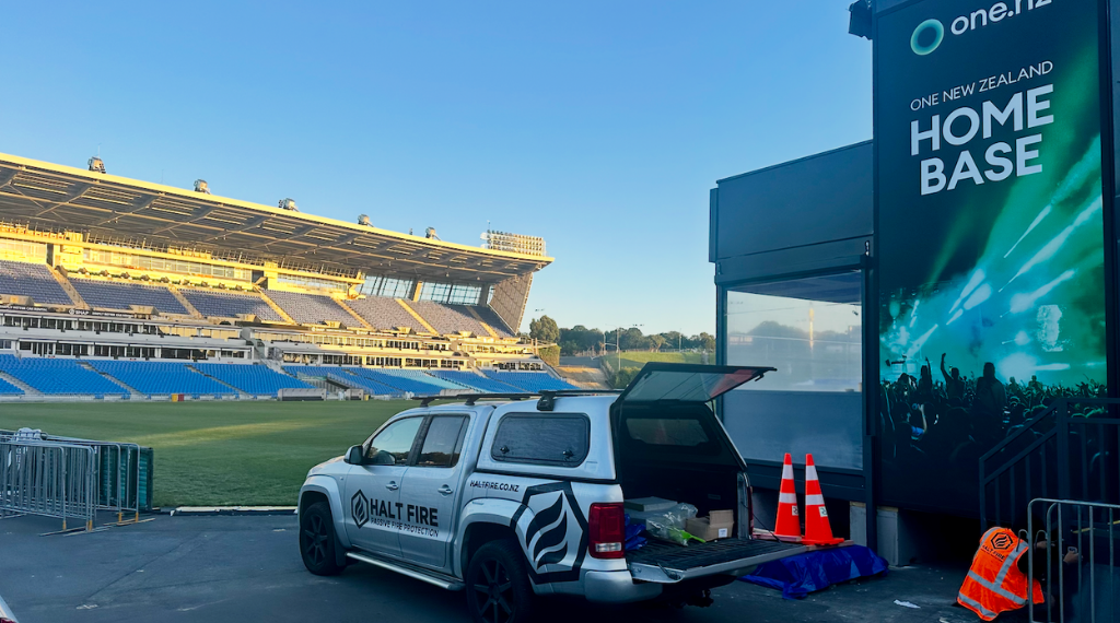 Two-storey modular kiosk at Go Media Stadium in Auckland, with fire-rated linings installed by Halt Fire.